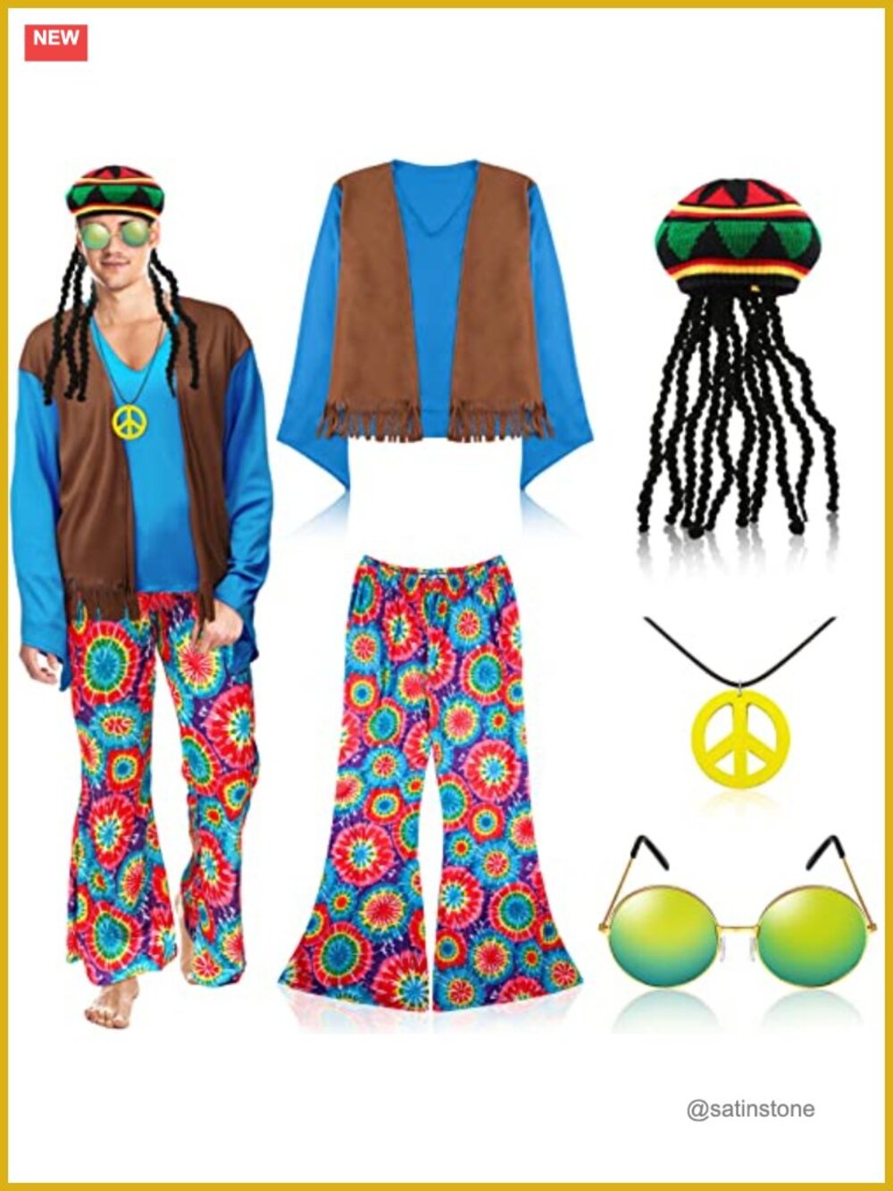 Hippie Costume Set 5 Pcs 60s 70s Retro Outfit Faux Suede Tassel Vest Bohemia